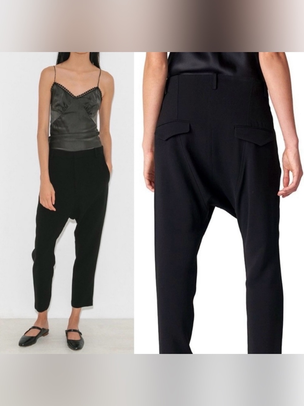 Nili Lotan Paris Pants Drop Crotch Slouchy Trousers Crepe Cropped Black Size 10